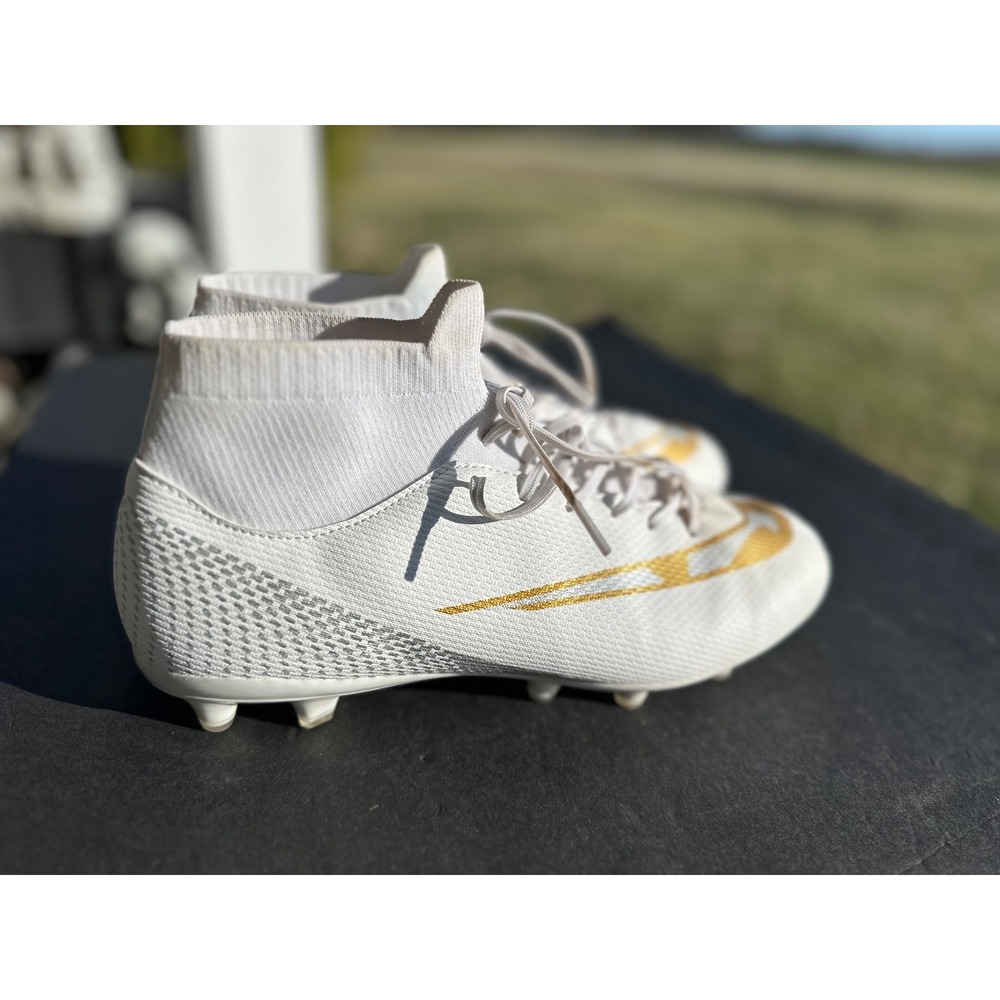 Runan White and Gold High Top Soccer Cleats Sock Collar Athletic Shoes Size EU42